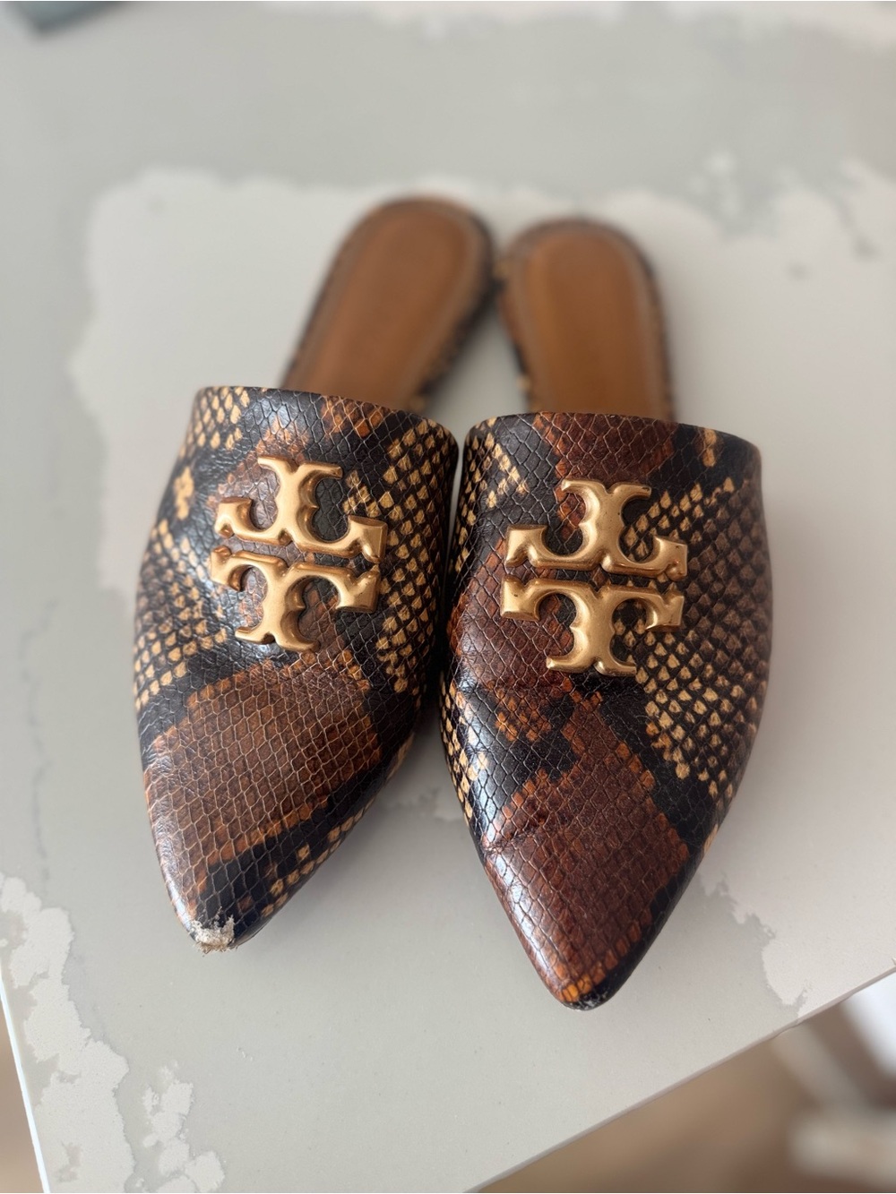 Tory Burch Brown Snakeskin Eleanor Mule Leather Slip-On | Size 7.5